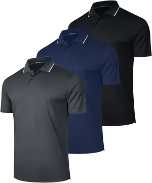 3 Pack Mens Polo Shirt Quick-Dry Short Sleeve Athletic Top Moisture Wicking Performance Dry Fit Golf Tennis T-Shirt