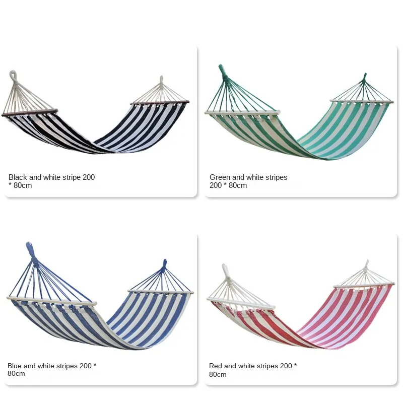 Camping Hammock Color Stripes Hammock Outdoor Leisure Cotton Canvas with Wooden Stick Swing