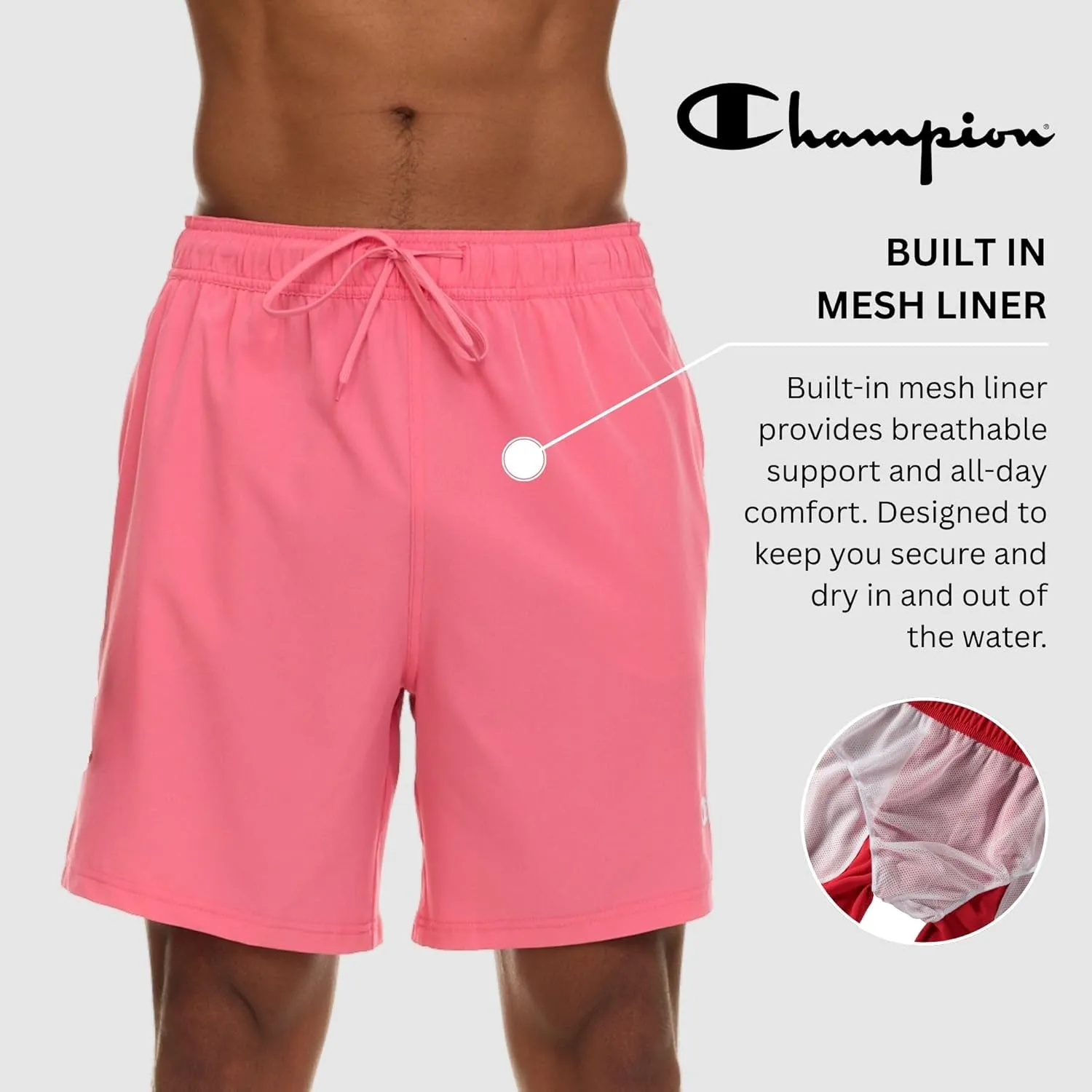 Champion Mens Swim Trunks with Mesh Liner, 7" Inseam Quick Drying Mens Bathing Suit, Board Shorts for Swimming and Beach