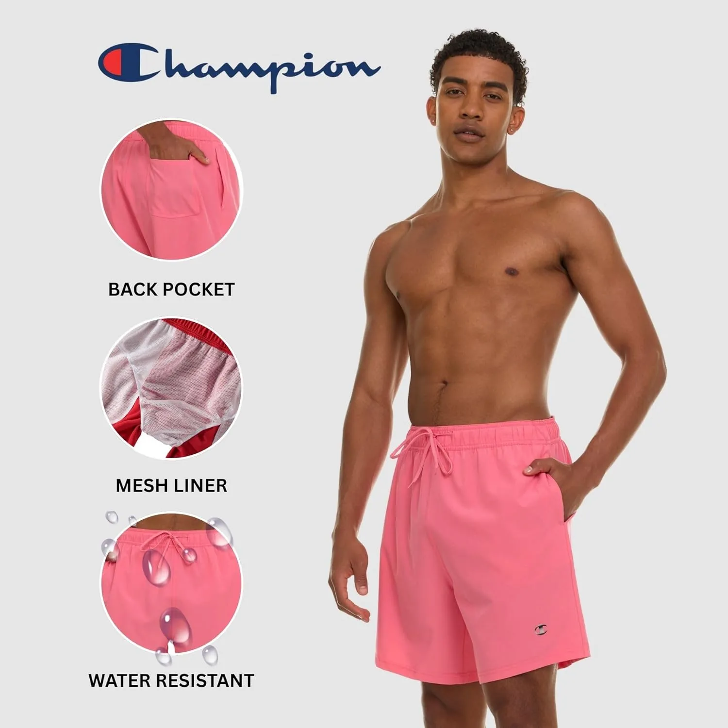Champion Mens Swim Trunks with Mesh Liner, 7" Inseam Quick Drying Mens Bathing Suit, Board Shorts for Swimming and Beach
