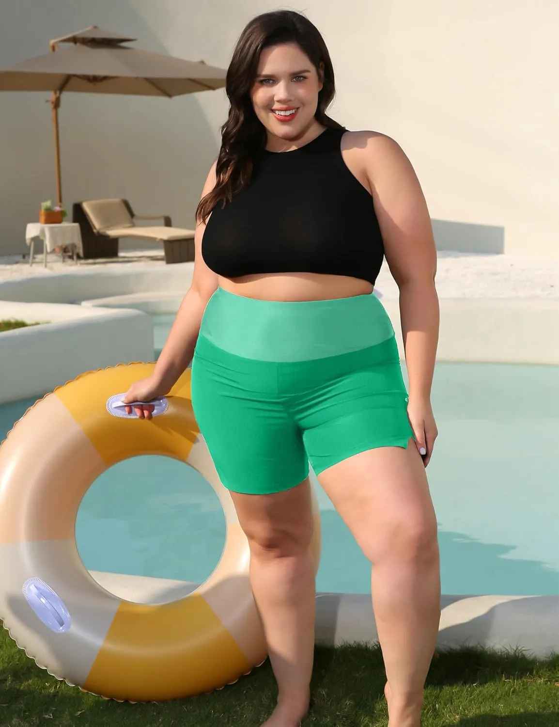 COOTRY Womens 5'' Plus Size Swim Board Shorts High Waisted Quick Dry Beach Shorts Swimsuit Bottoms with Pockets