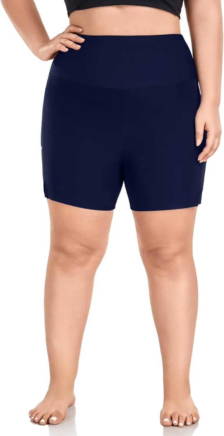 COOTRY Womens 5'' Plus Size Swim Board Shorts High Waisted Quick Dry Beach Shorts Swimsuit Bottoms with Pockets