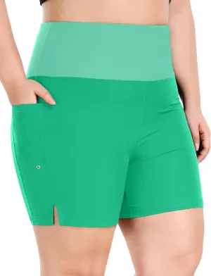 COOTRY Womens 5'' Plus Size Swim Board Shorts High Waisted Quick Dry Beach Shorts Swimsuit Bottoms with Pockets