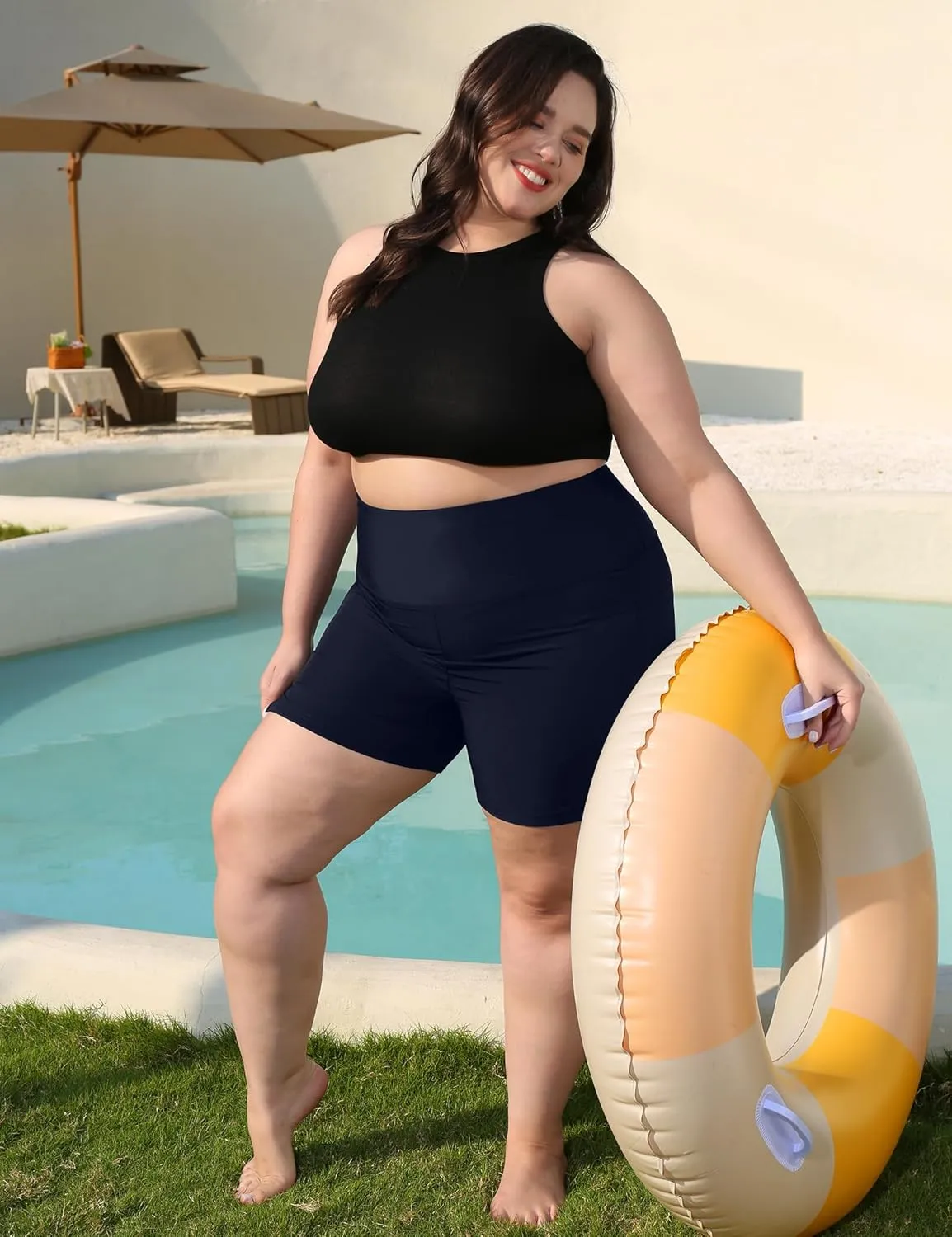COOTRY Womens 5'' Plus Size Swim Board Shorts High Waisted Quick Dry Beach Shorts Swimsuit Bottoms with Pockets