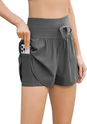 difficort Womens Board Shorts with Compression Liner High Waisted Swim Beach Swimming Shorts with Waist Zipper Pockets