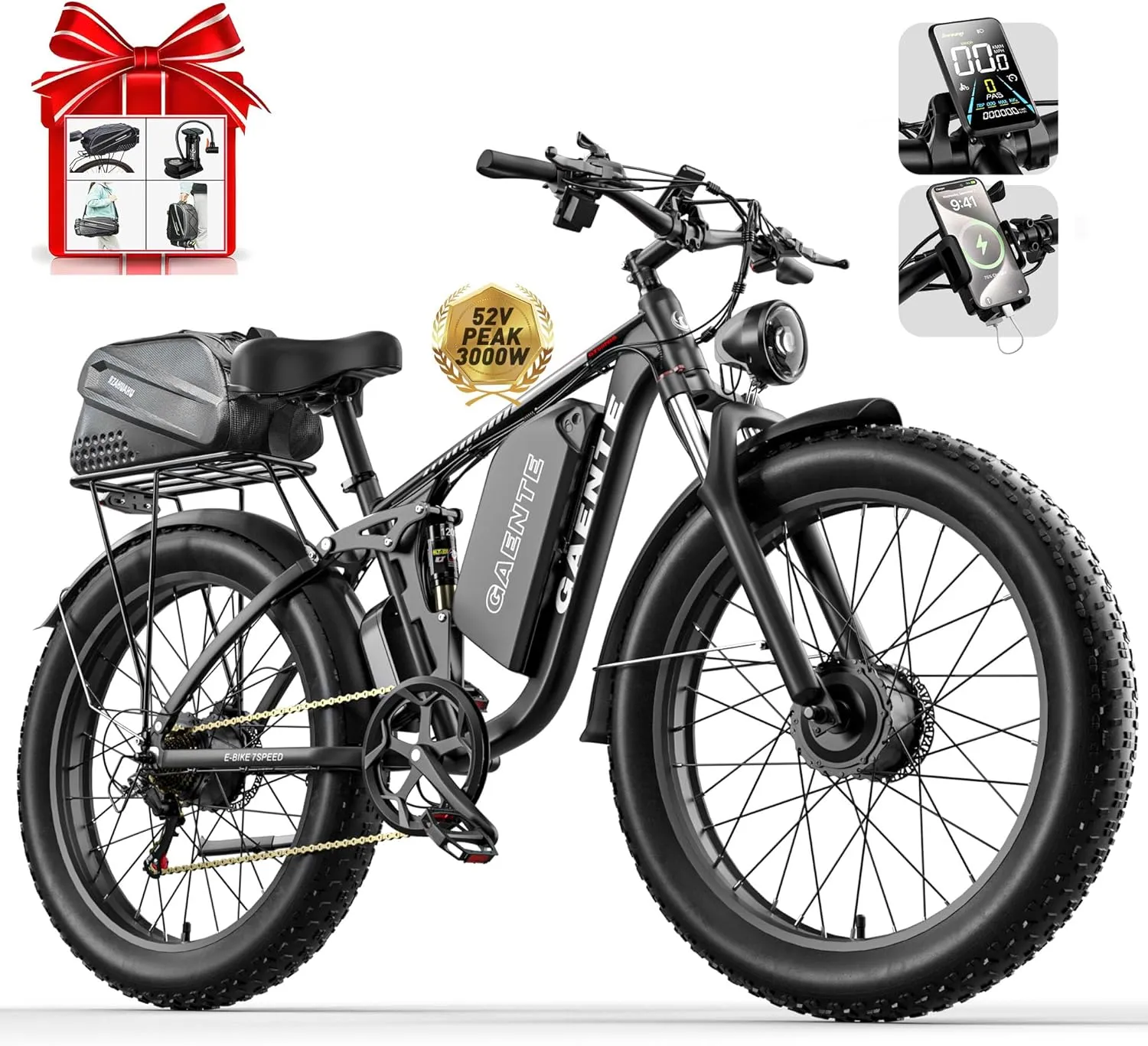 Dual Motor Peak 3000W Electric Mountain Bike for Adults - 52V 23Ah Battery, 37 MPH Max Speed, 26"x4" Fat Tires, Hydraulic Disc Brakes - Off-Road E-Bike for Men & Women (UL Certified)