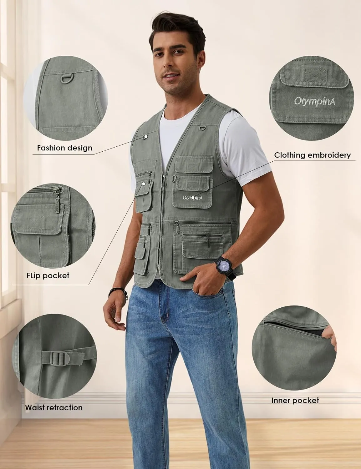 Gihuo Men's Fishing Vest Casual Utility Travel Safari Cargo Outdoor Work Photo Fly Vest Jacket with Multi Pockets