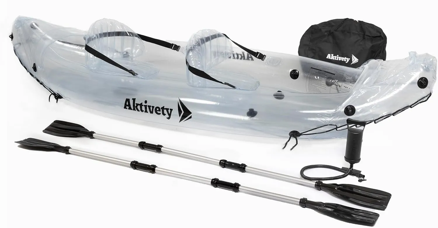  Inflatable Clear Kayak 2 Person Adult  Transparent Tandem Crystal Kayaks with See Through Bottom  Blow Up Heavy Duty Fishing Canoe Boat for River, Pool  2 Paddlers Set Included
