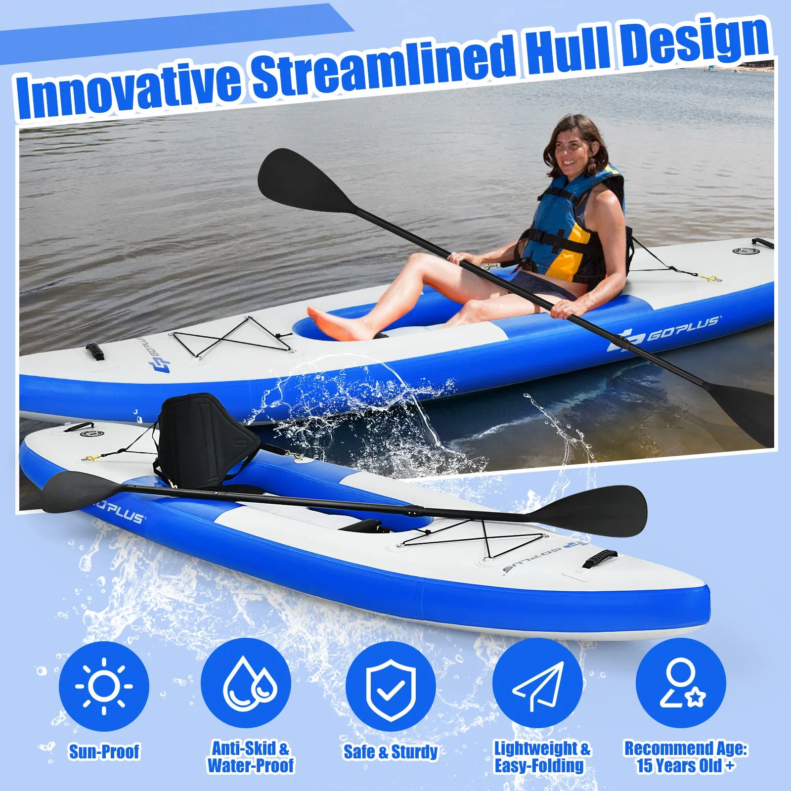 Inflatable Kayak with Adjustable Aluminum Oar for River Lake Sea-Blue