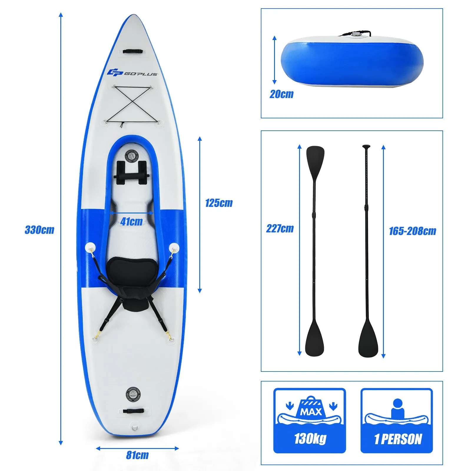 Inflatable Kayak with Adjustable Aluminum Oar for River Lake Sea-Blue