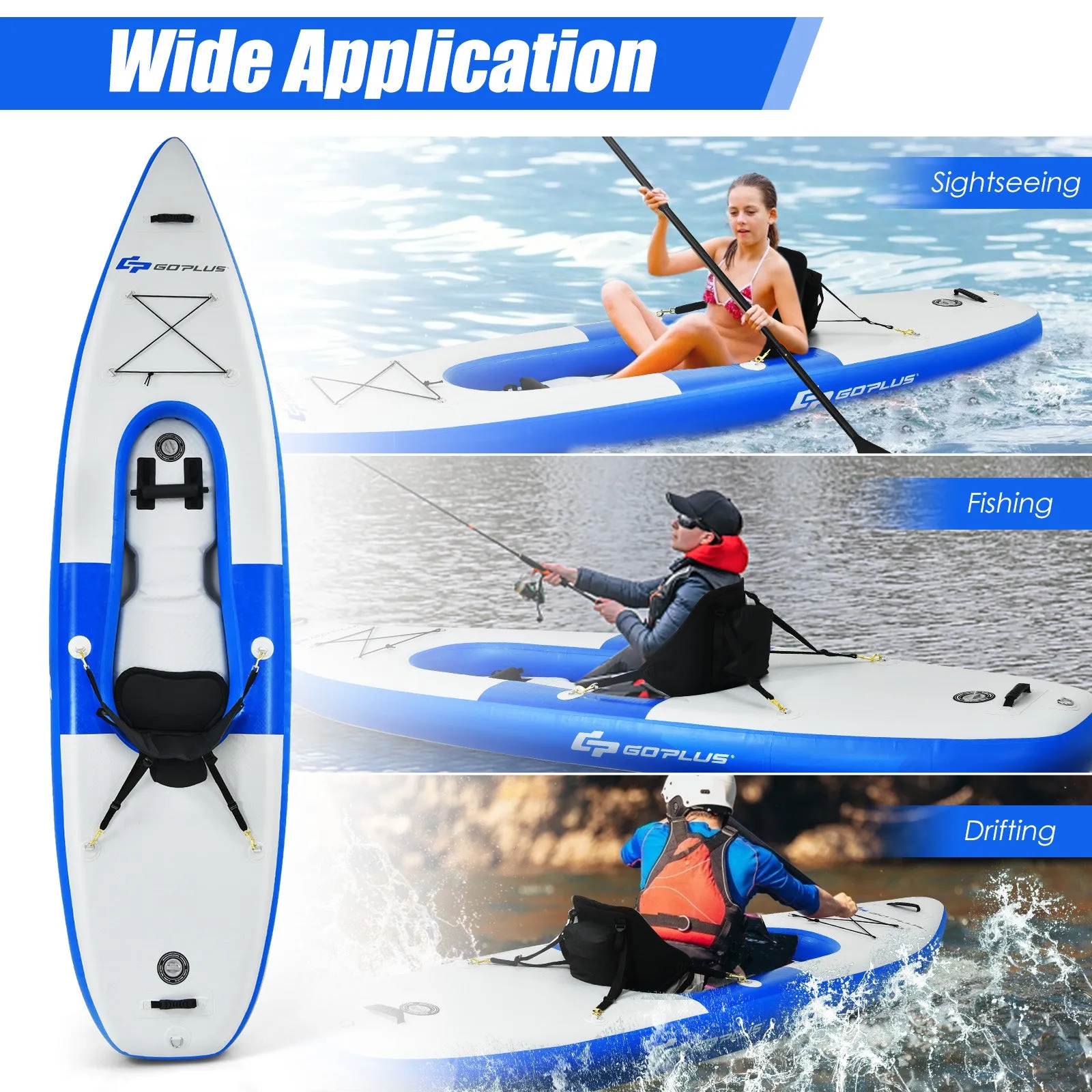 Inflatable Kayak with Adjustable Aluminum Oar for River Lake Sea-Blue