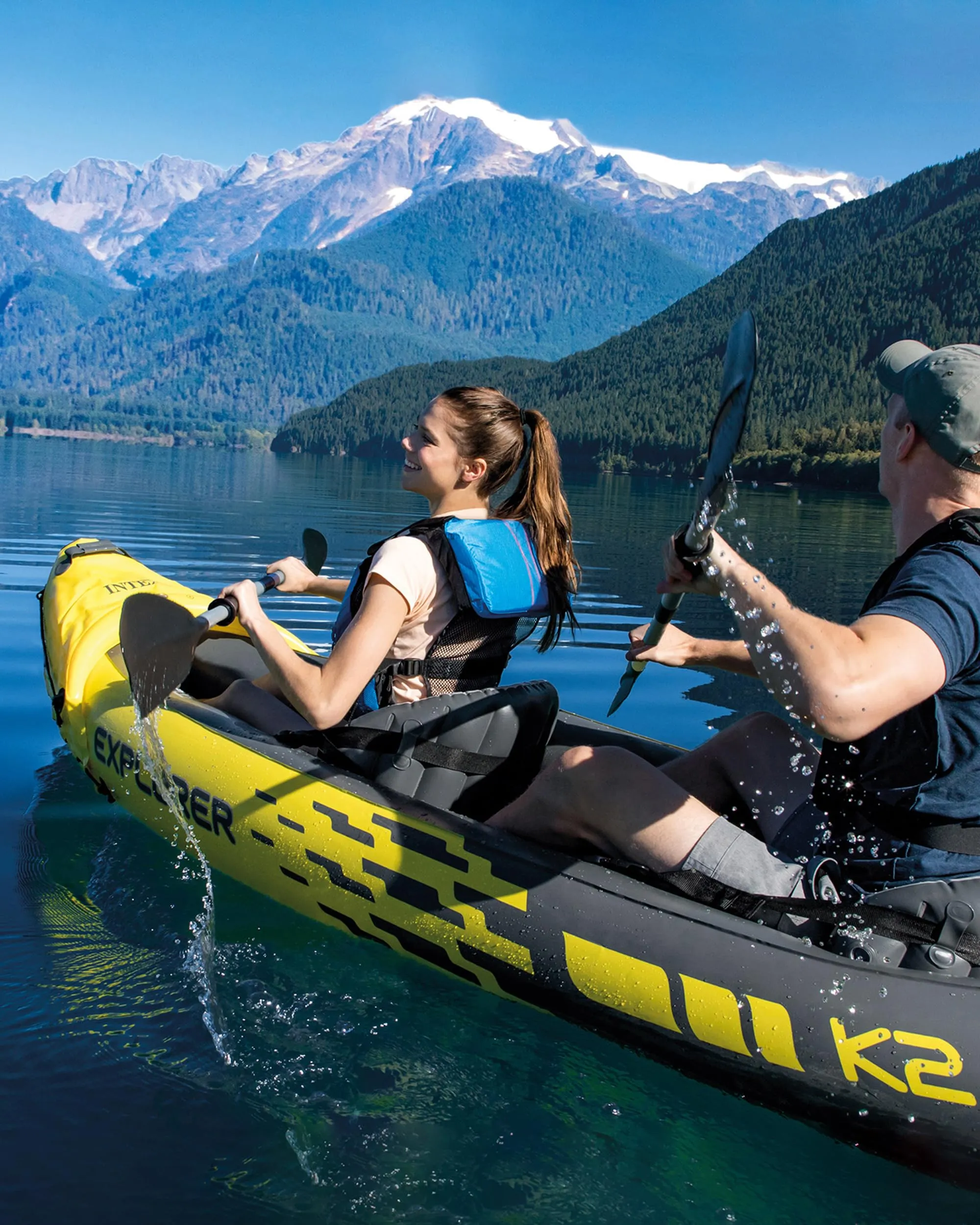 INTEX 68307EP Explorer K2 Inflatable Kayak Set: Includes Deluxe 86in Aluminum Oars and High-Output Pump – SuperStrong PVC – Adjustable Seats with Backrest – 2-Person – 400lb Weight Capacity