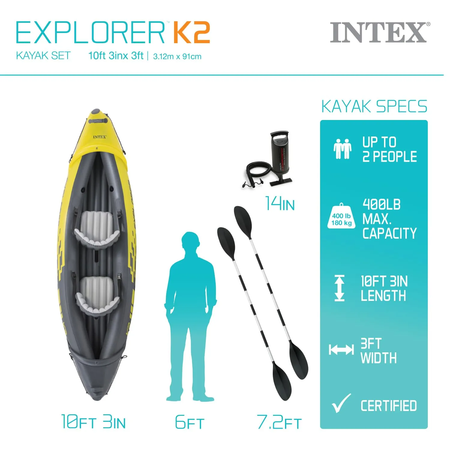 INTEX 68307EP Explorer K2 Inflatable Kayak Set: Includes Deluxe 86in Aluminum Oars and High-Output Pump – SuperStrong PVC – Adjustable Seats with Backrest – 2-Person – 400lb Weight Capacity