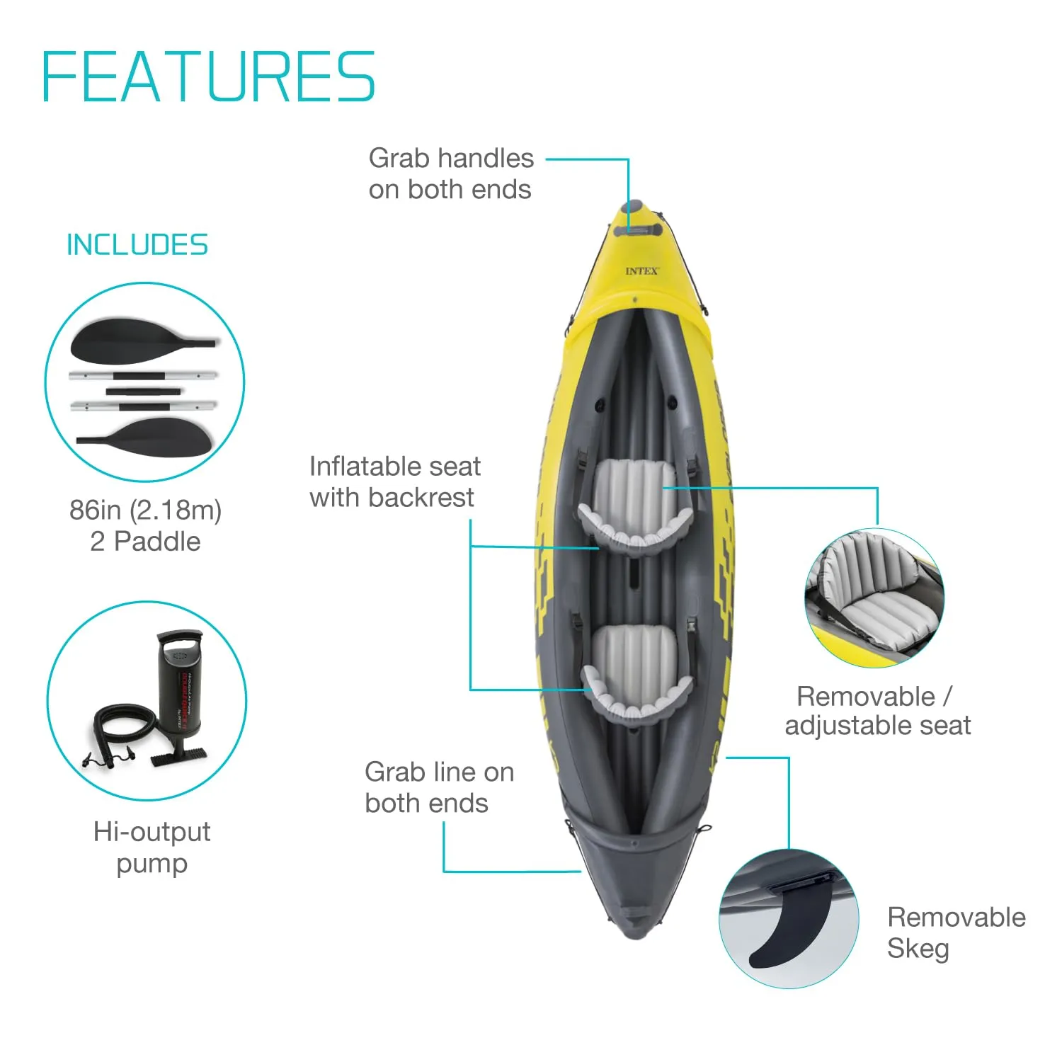 INTEX 68307EP Explorer K2 Inflatable Kayak Set: Includes Deluxe 86in Aluminum Oars and High-Output Pump – SuperStrong PVC – Adjustable Seats with Backrest – 2-Person – 400lb Weight Capacity