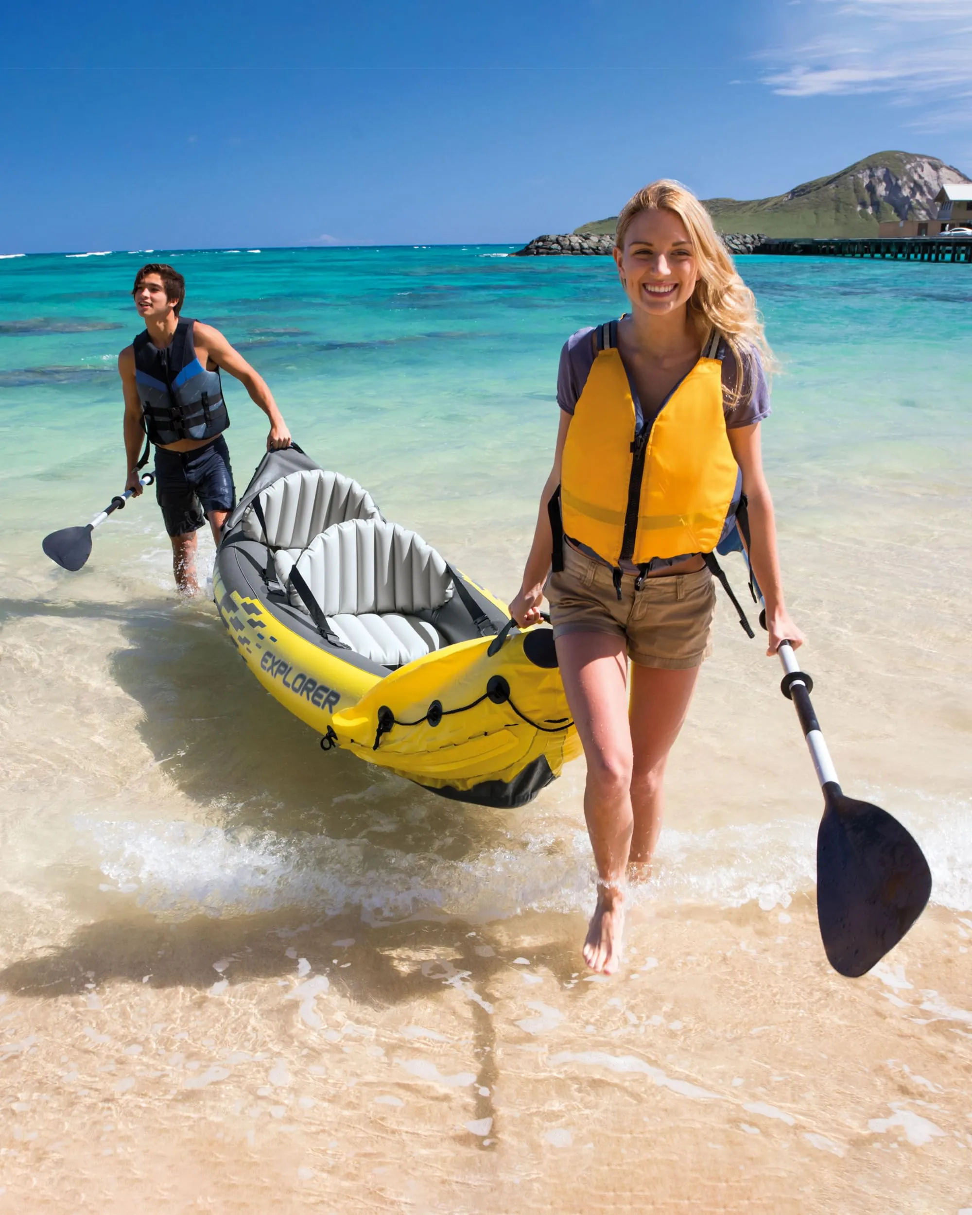 INTEX 68307EP Explorer K2 Inflatable Kayak Set: Includes Deluxe 86in Aluminum Oars and High-Output Pump – SuperStrong PVC – Adjustable Seats with Backrest – 2-Person – 400lb Weight Capacity
