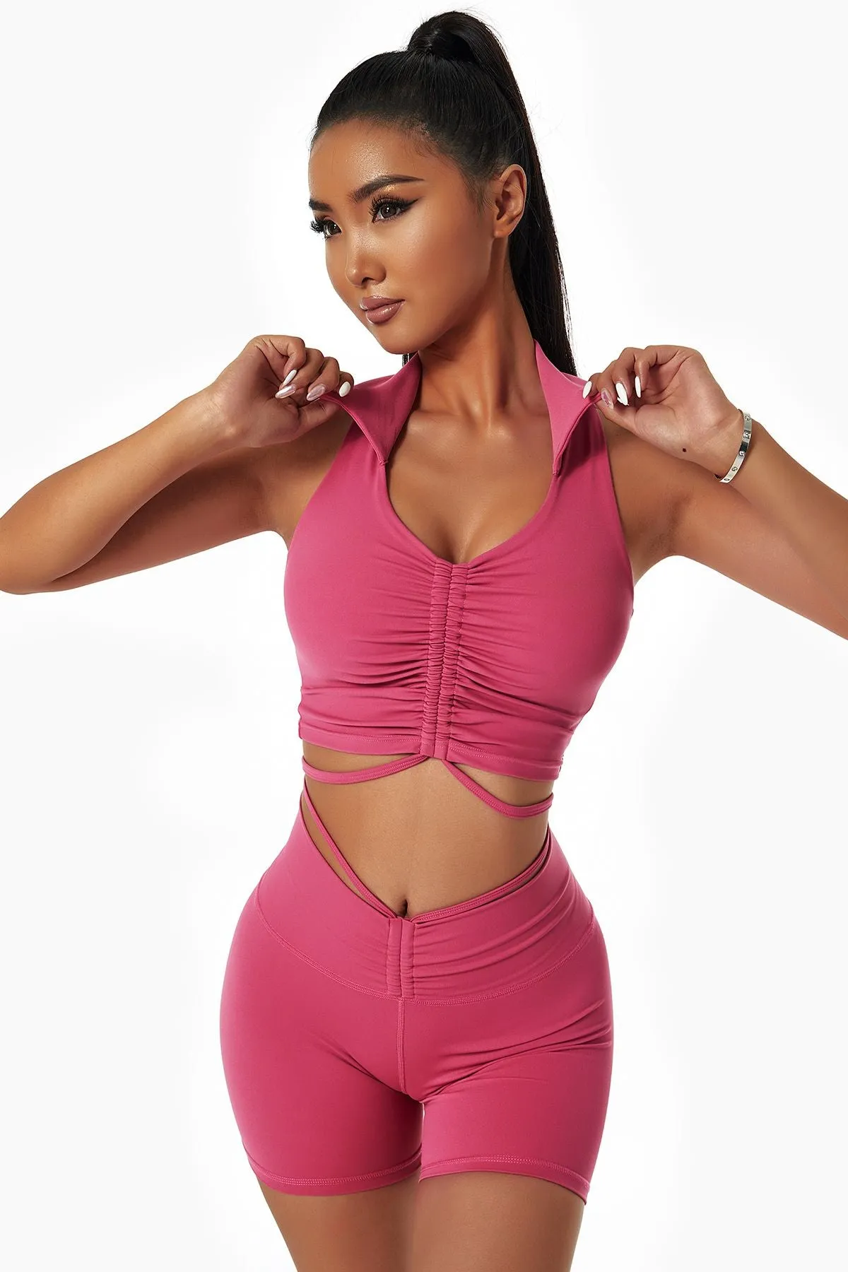 Lapel Ruched Front Tank Tops Built In Bra