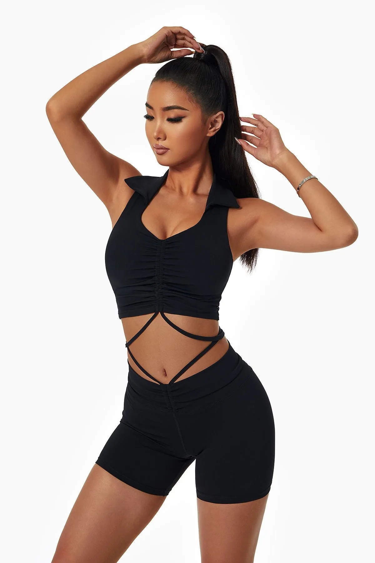 Lapel Ruched Front Tank Tops Built In Bra