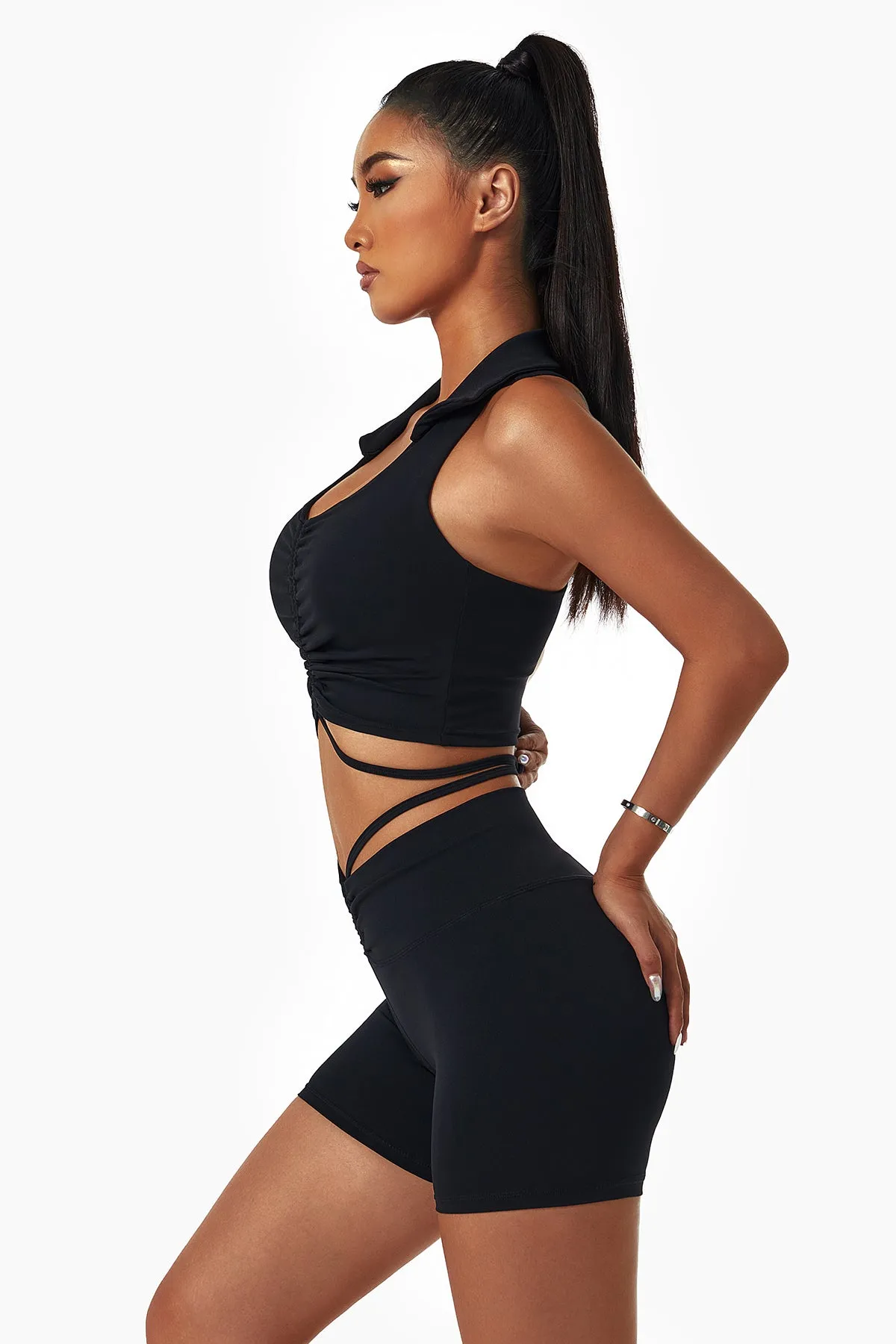 Lapel Ruched Front Tank Tops Built In Bra