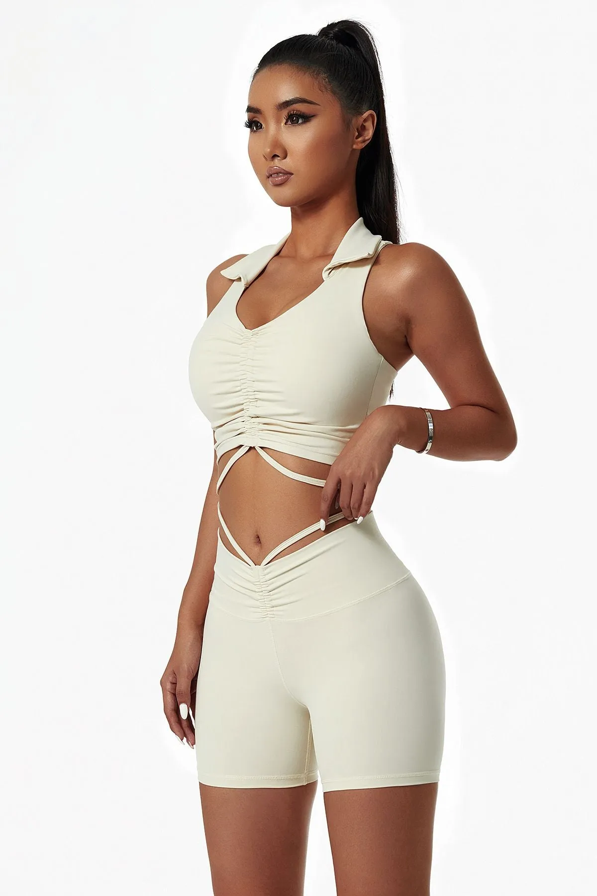 Lapel Ruched Front Tank Tops Built In Bra