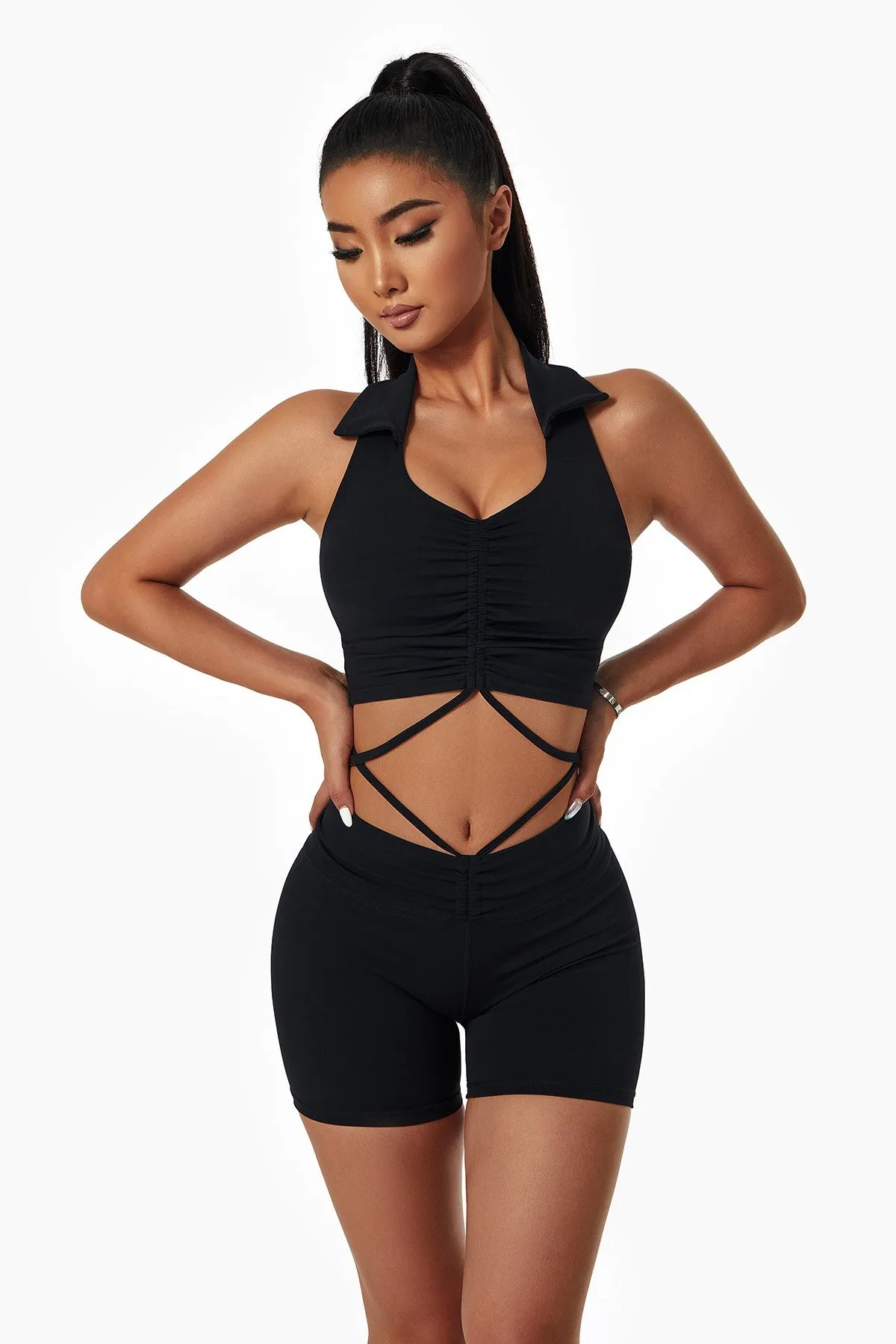 Lapel Ruched Front Tank Tops Built In Bra