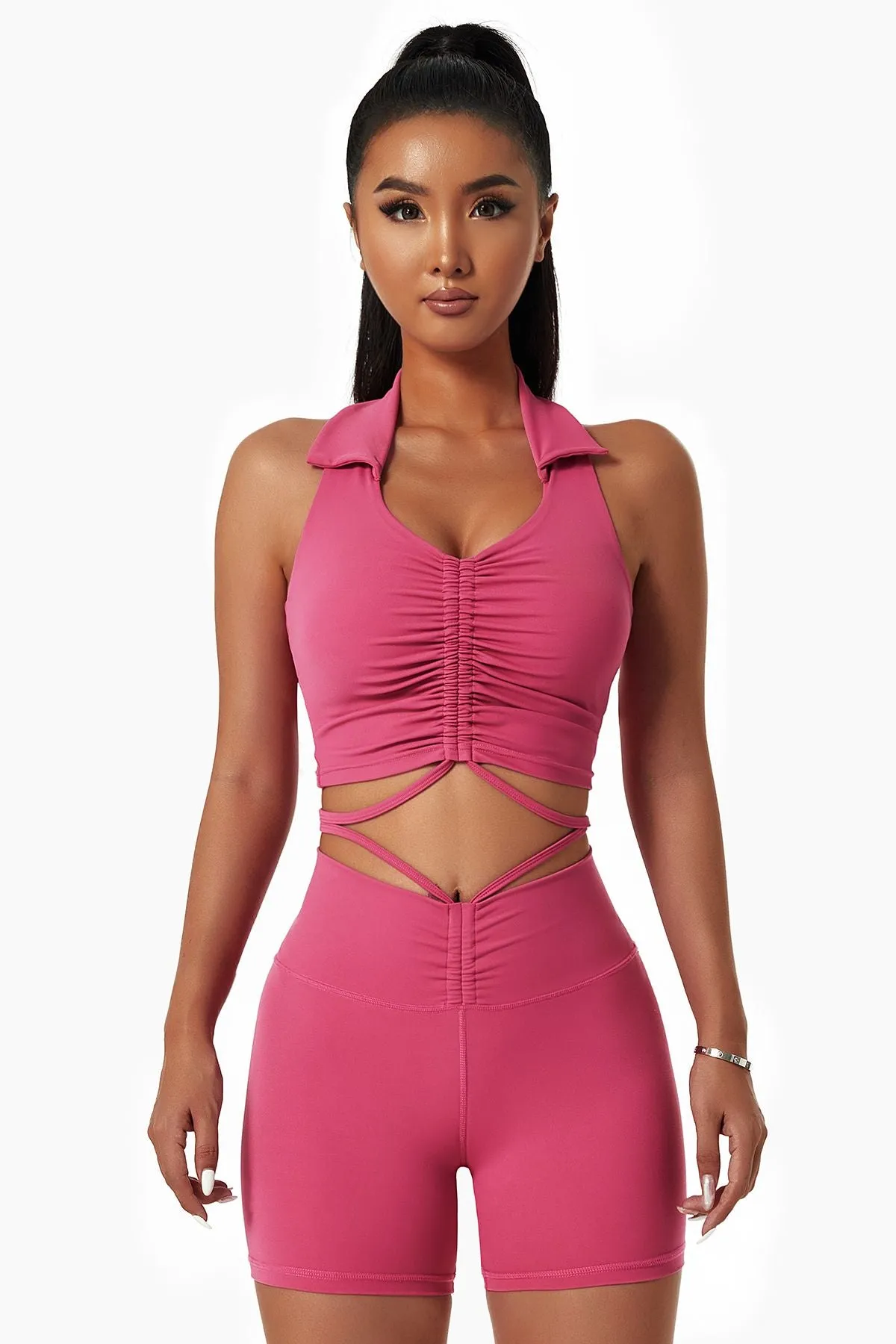 Lapel Ruched Front Tank Tops Built In Bra