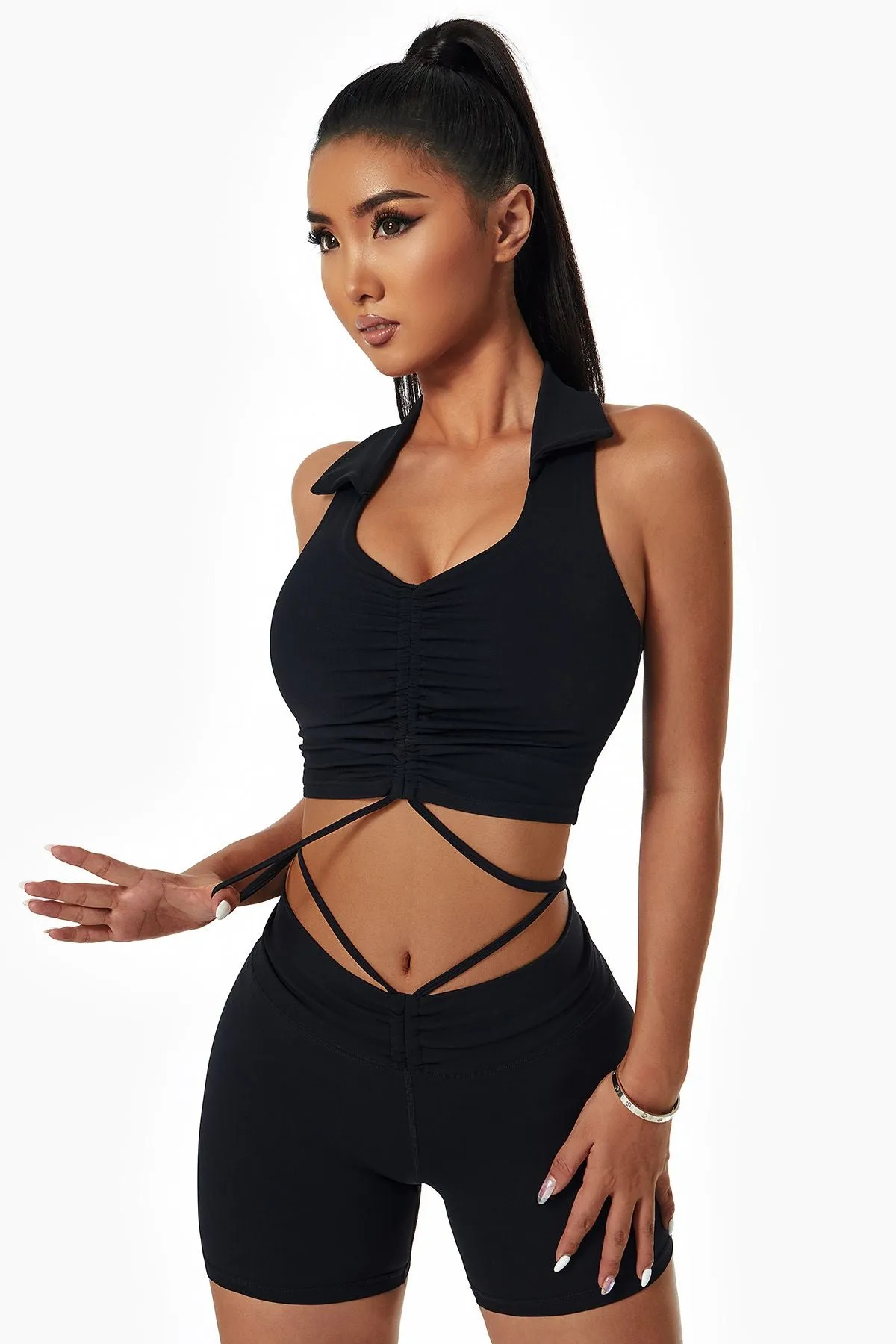 Lapel Ruched Front Tank Tops Built In Bra