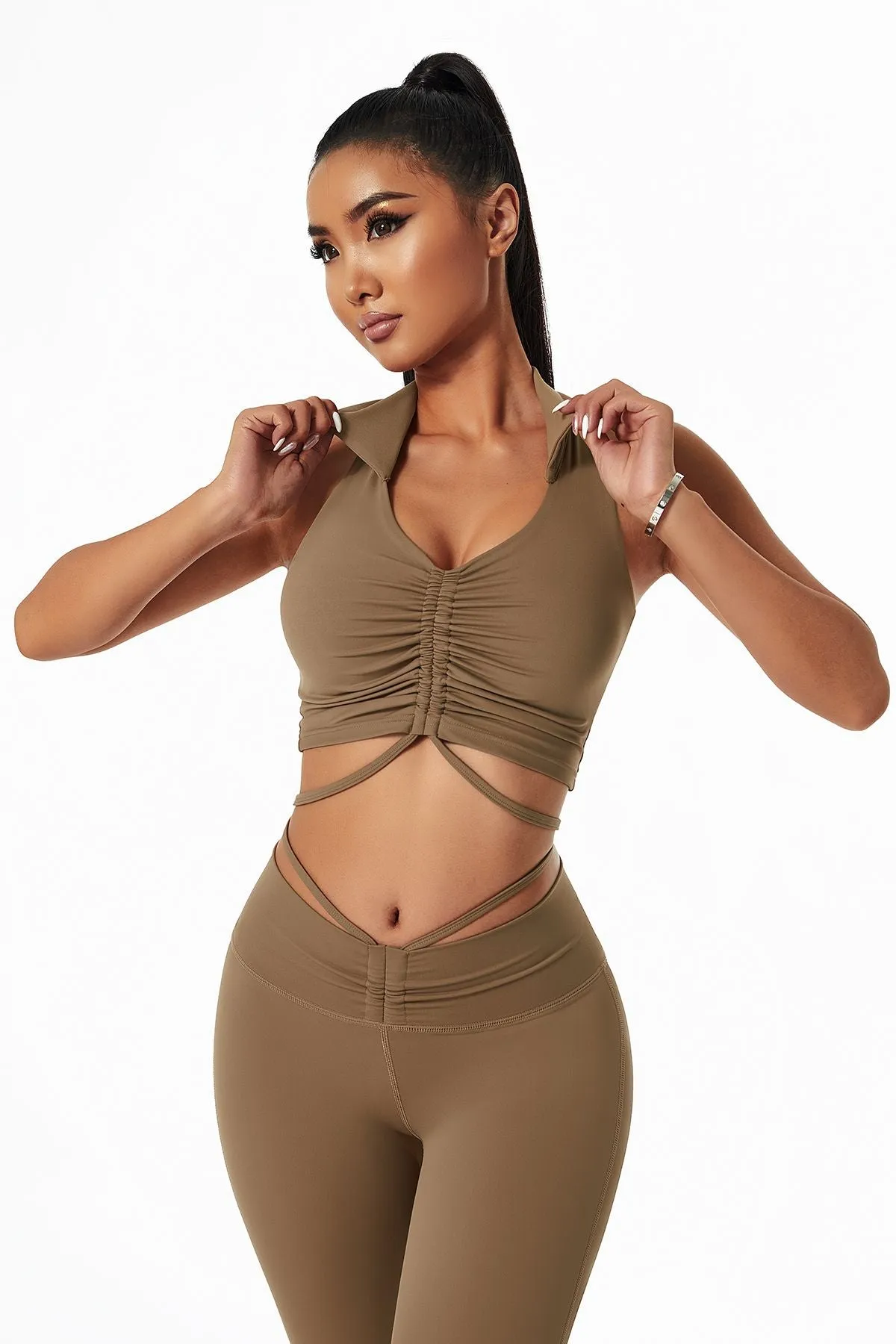 Lapel Ruched Front Tank Tops Built In Bra