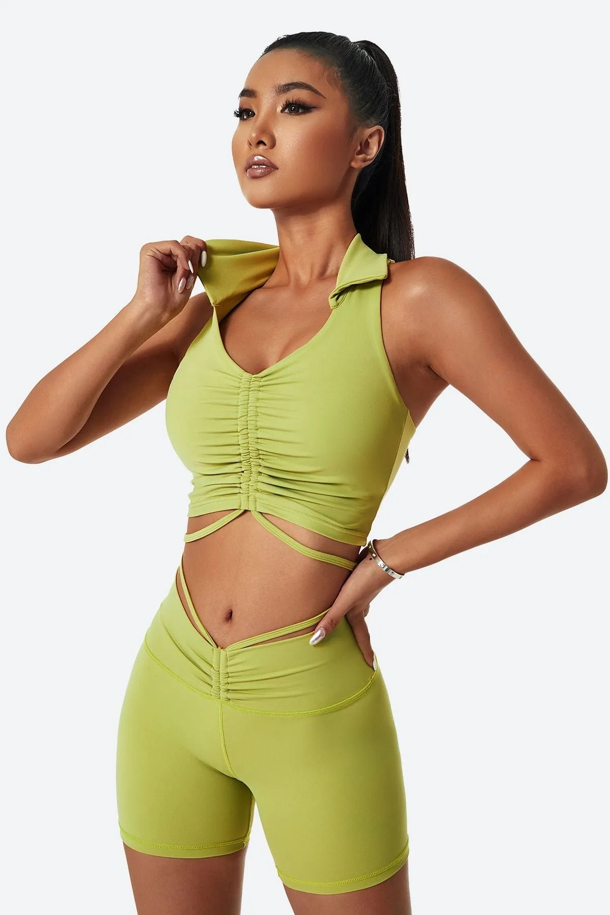 Lapel Ruched Front Tank Tops Built In Bra