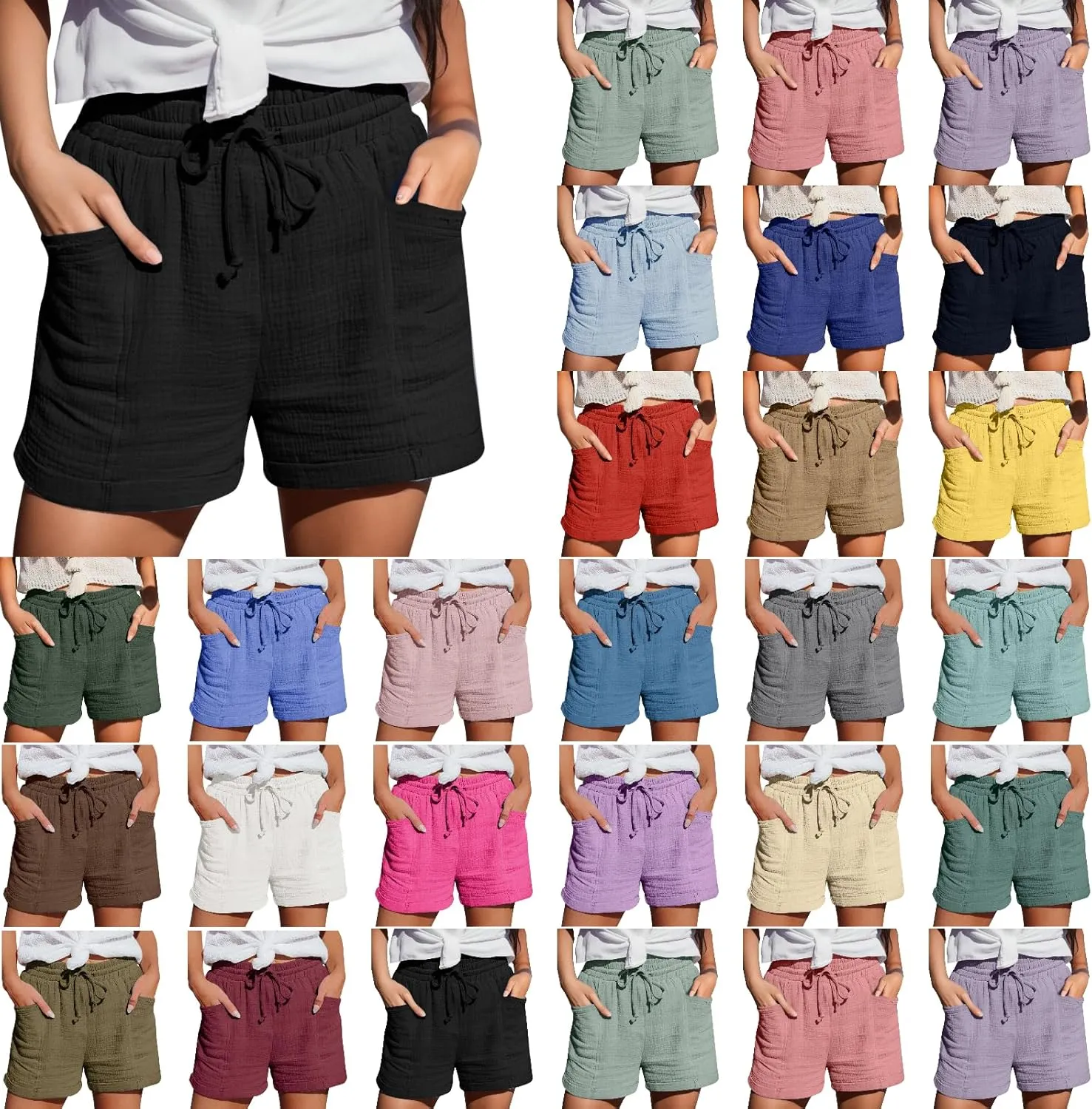 Linen Shorts for Women Summer Casual Loose Shorts Drawstring Elastic Waist Lightweight Bermuda Shorts with Pockets