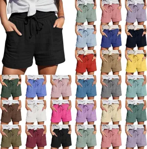 Linen Shorts for Women Summer Casual Loose Shorts Drawstring Elastic Waist Lightweight Bermuda Shorts with Pockets