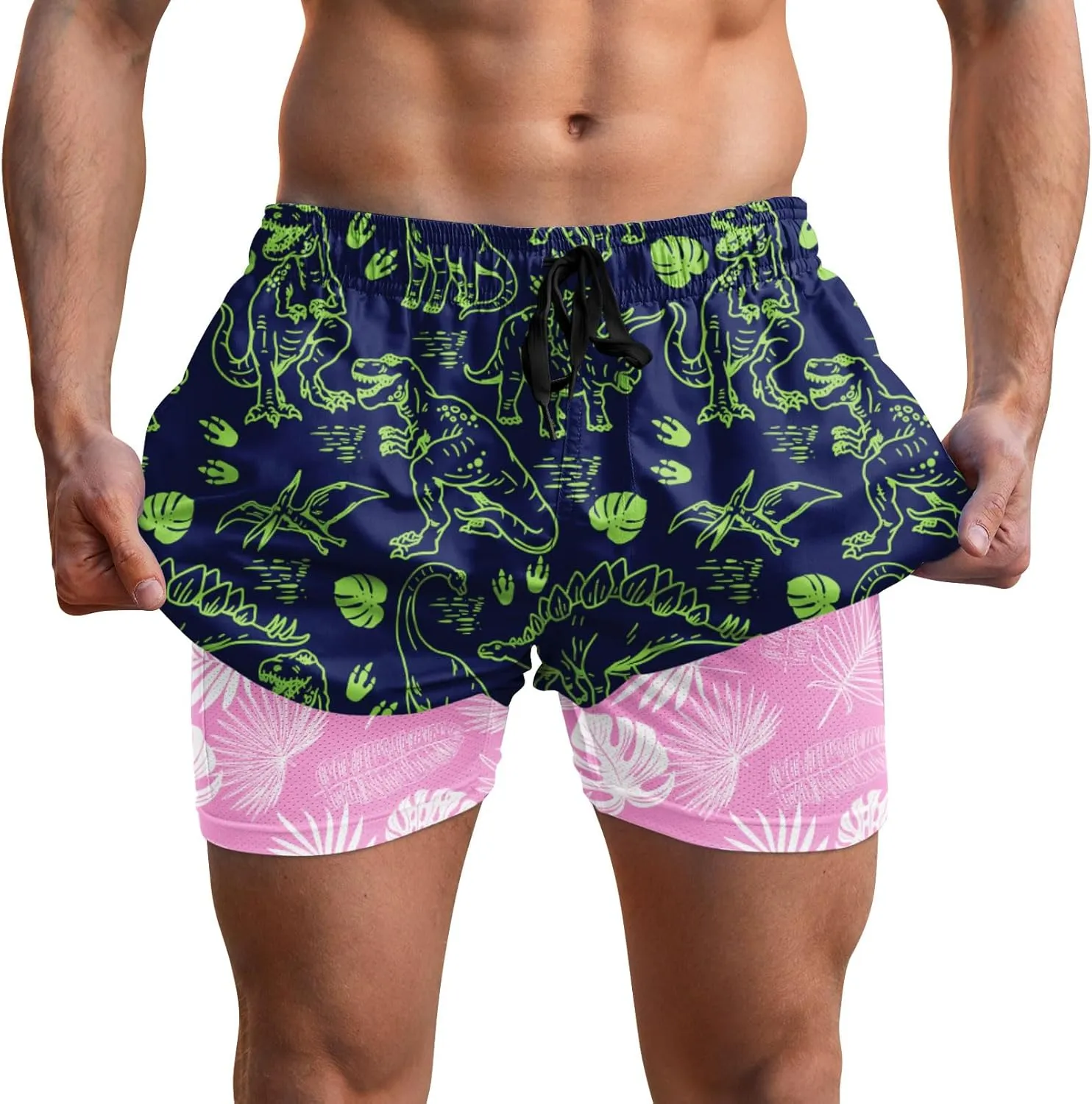 Men Swim Trunks 5.5 Inch Board Shorts 2 in 1 Swimwear with Compression Liner