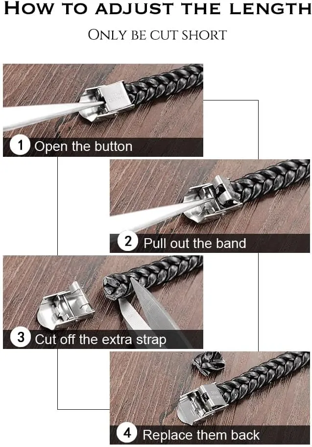 Mens Black Leather Bracelet Silver Stainless Steel Adjustable Buckle Bracelets Pulseras para Hombre