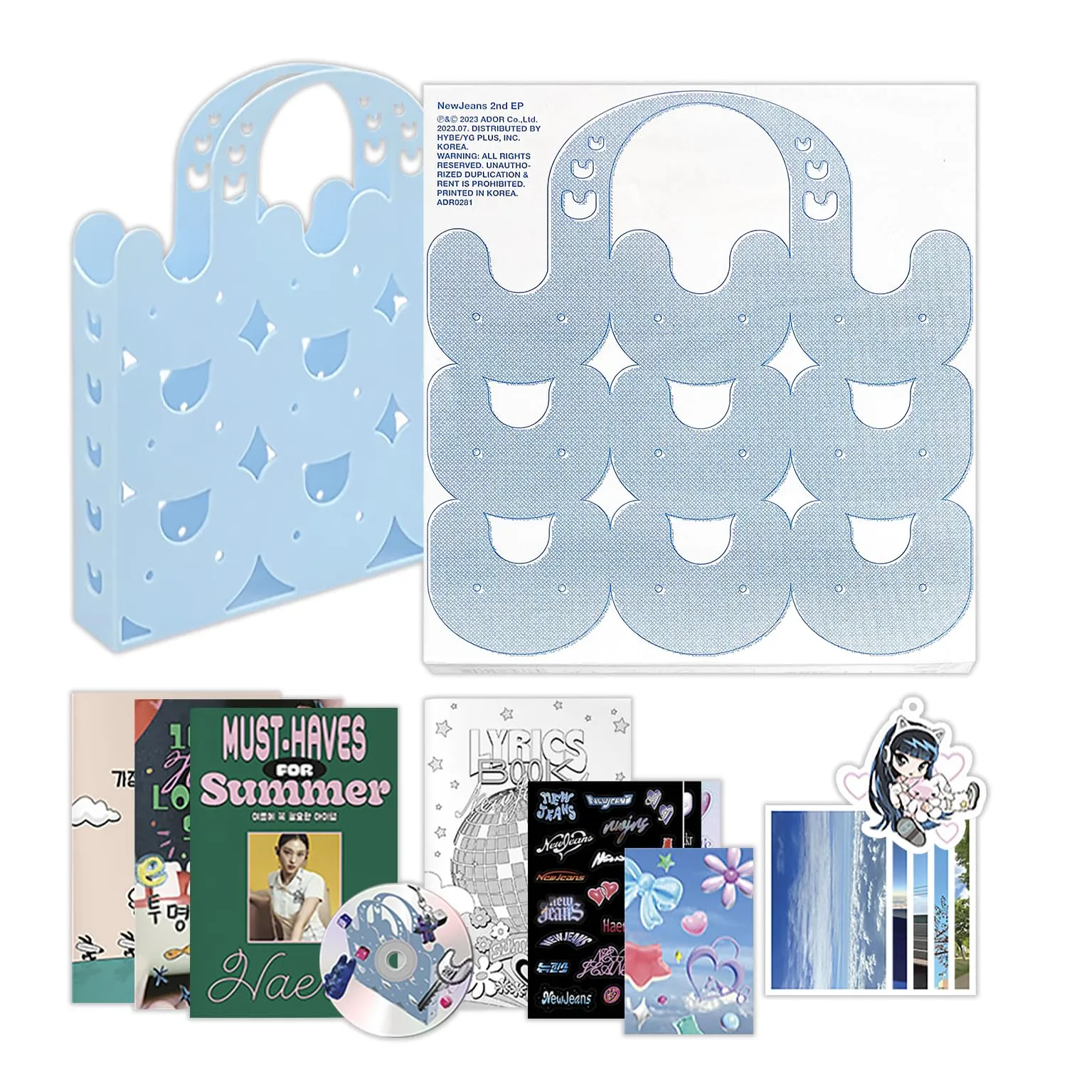 NewJeans - 2nd EP [Get Up] (Bunny Beach Bag ver. - HAERIN Ver.) Bag   Outbox   Inner Box   Photobook (A B C)   Lyric Book   Photocards   Stickers   CD   Postcards   Bookmark   1 PVC Card
