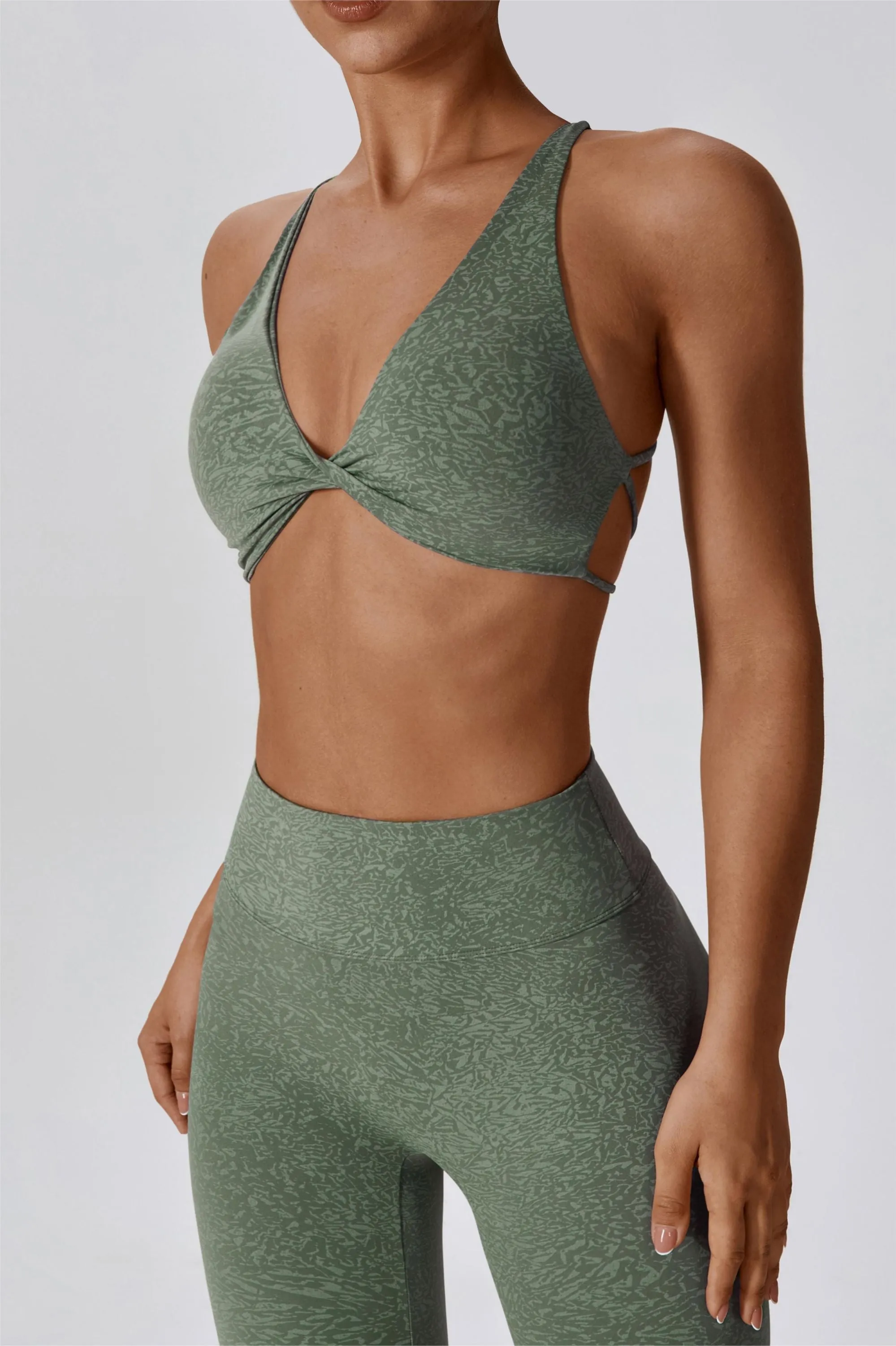 Patterned Twist Deep-V Strappy Sports Bra