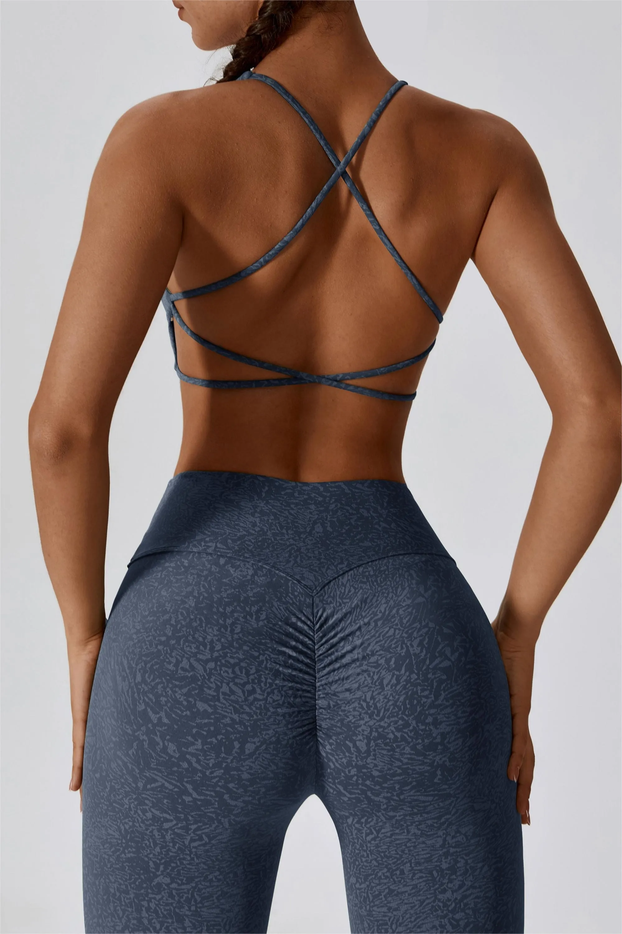 Patterned Twist Deep-V Strappy Sports Bra