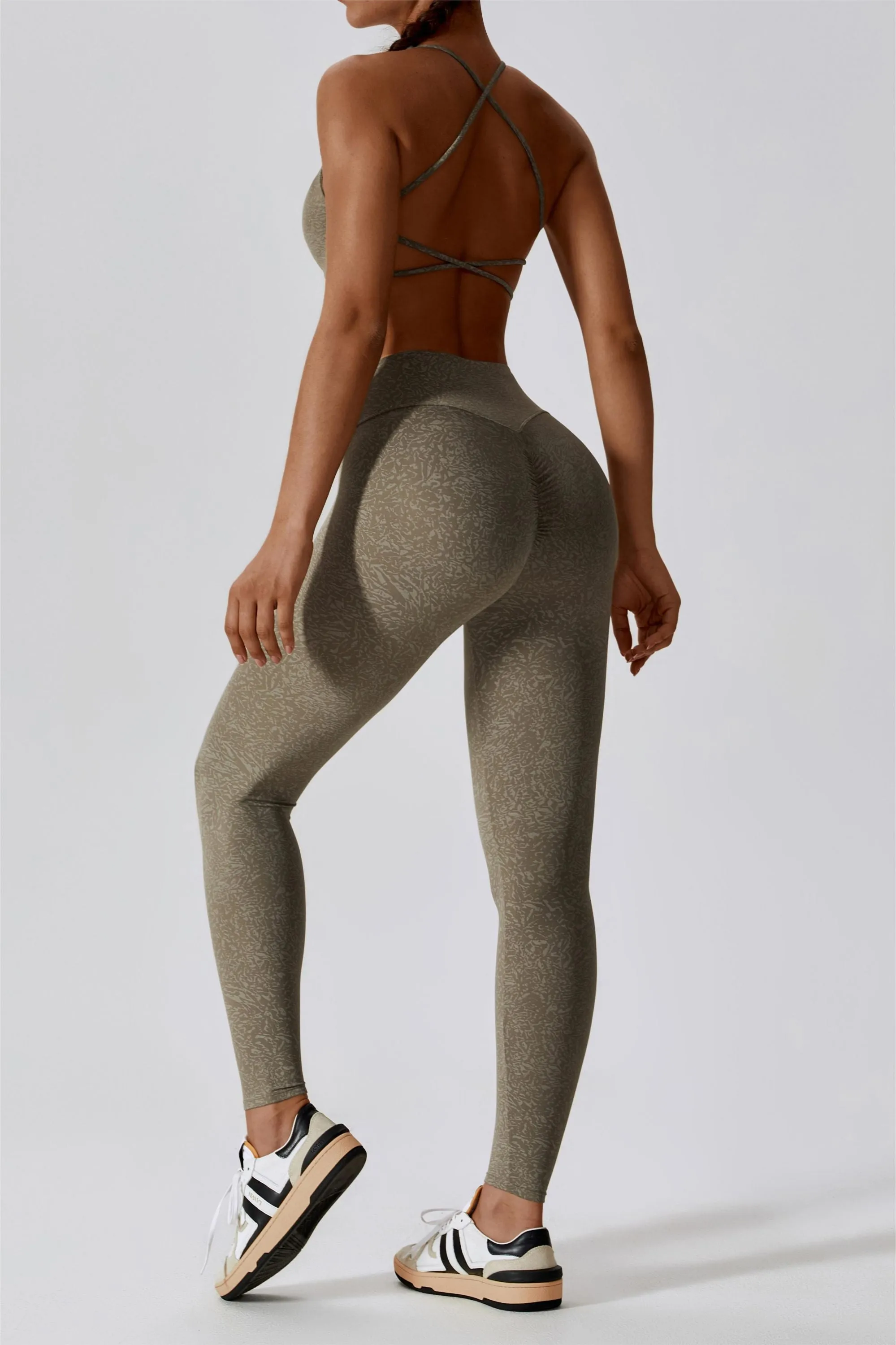 Patterned Twist Deep-V Strappy Sports Bra
