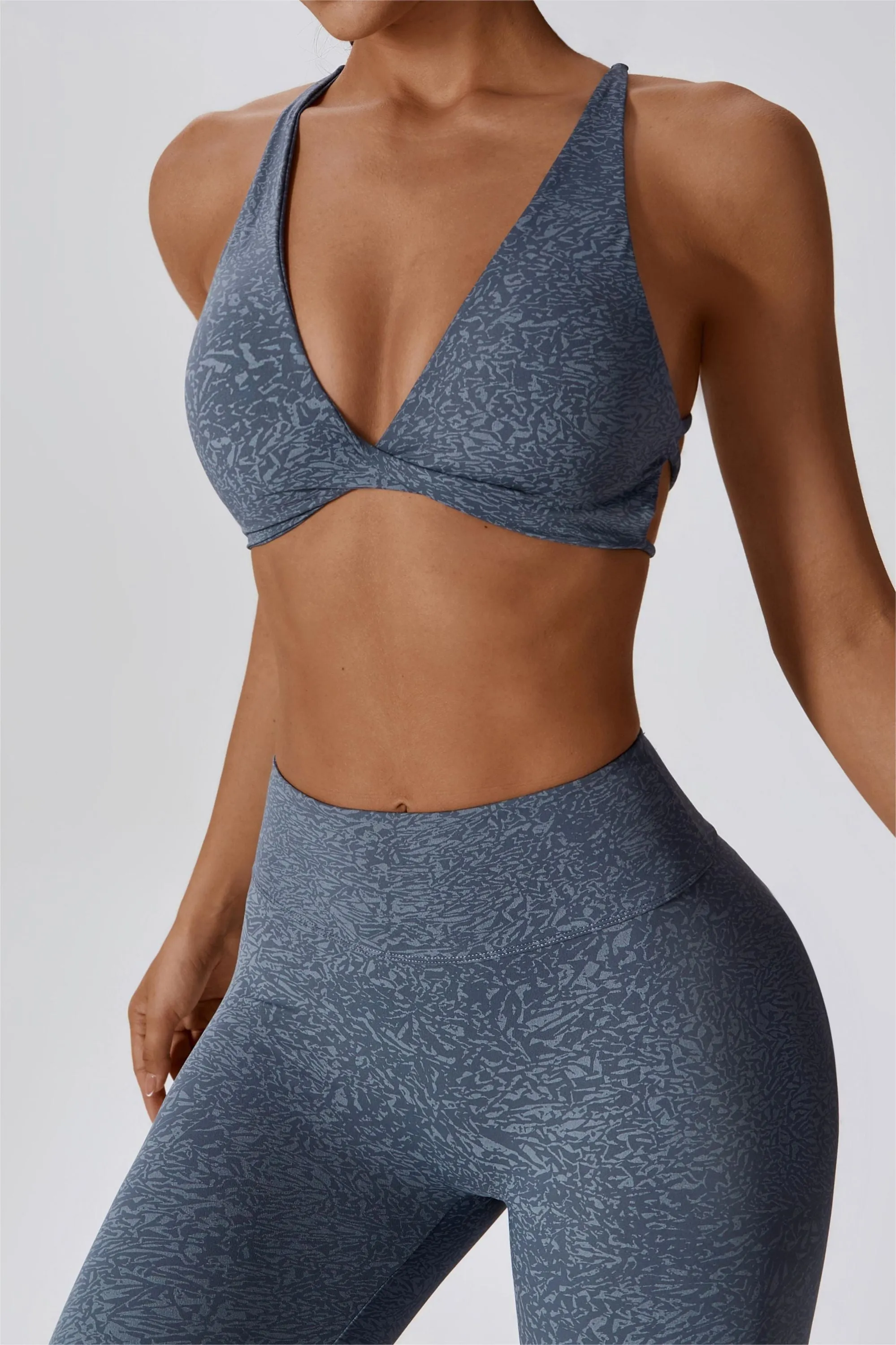 Patterned Twist Deep-V Strappy Sports Bra