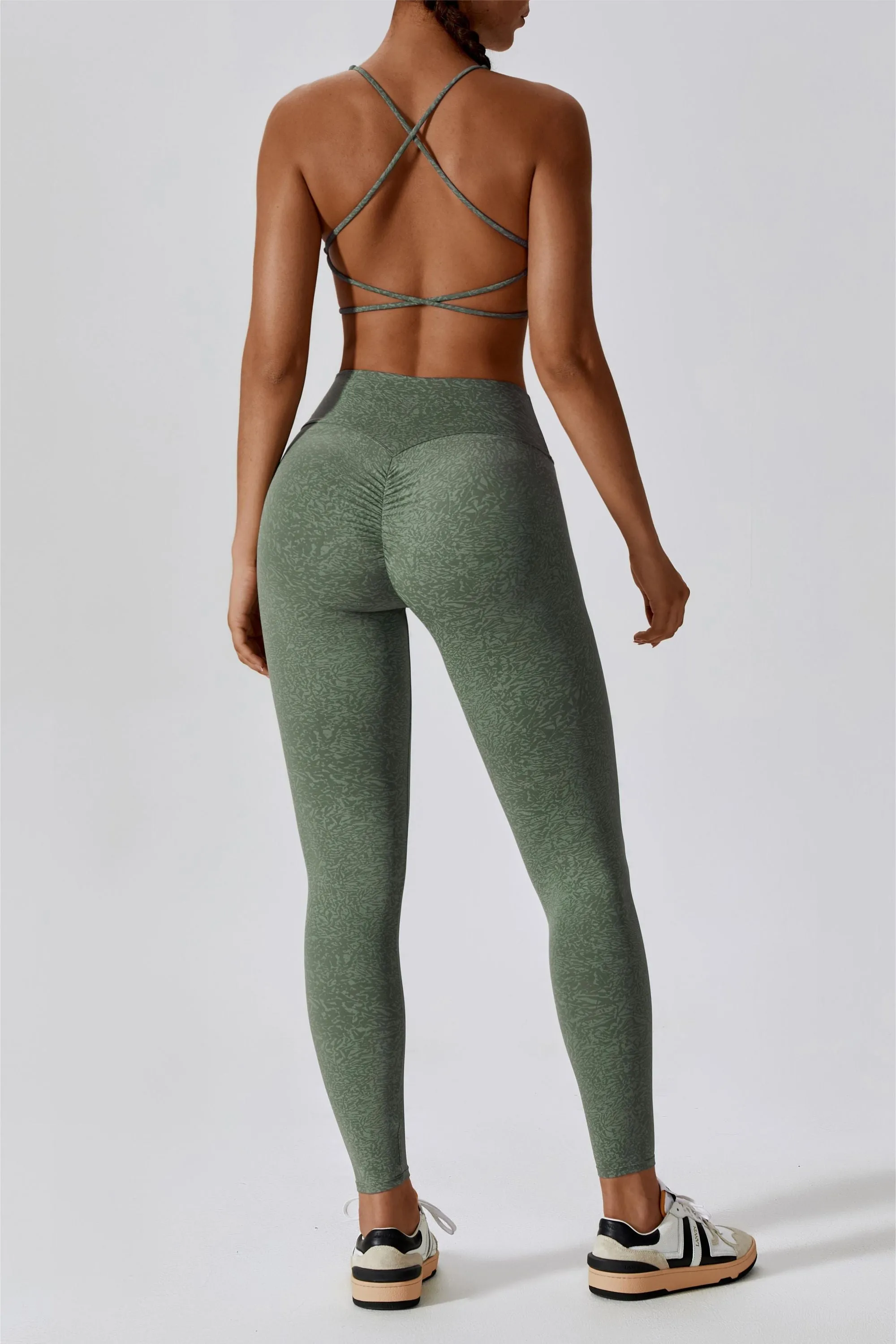 Patterned Twist Deep-V Strappy Sports Bra