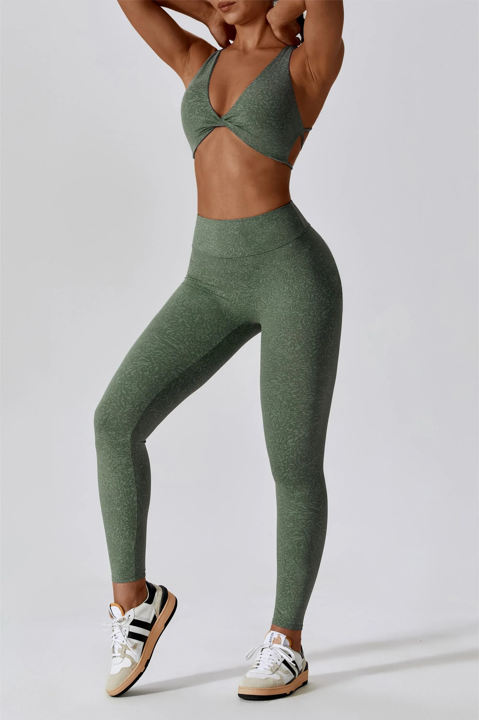 Patterned Twist Deep-V Strappy Sports Bra