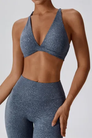 Patterned Twist Deep-V Strappy Sports Bra
