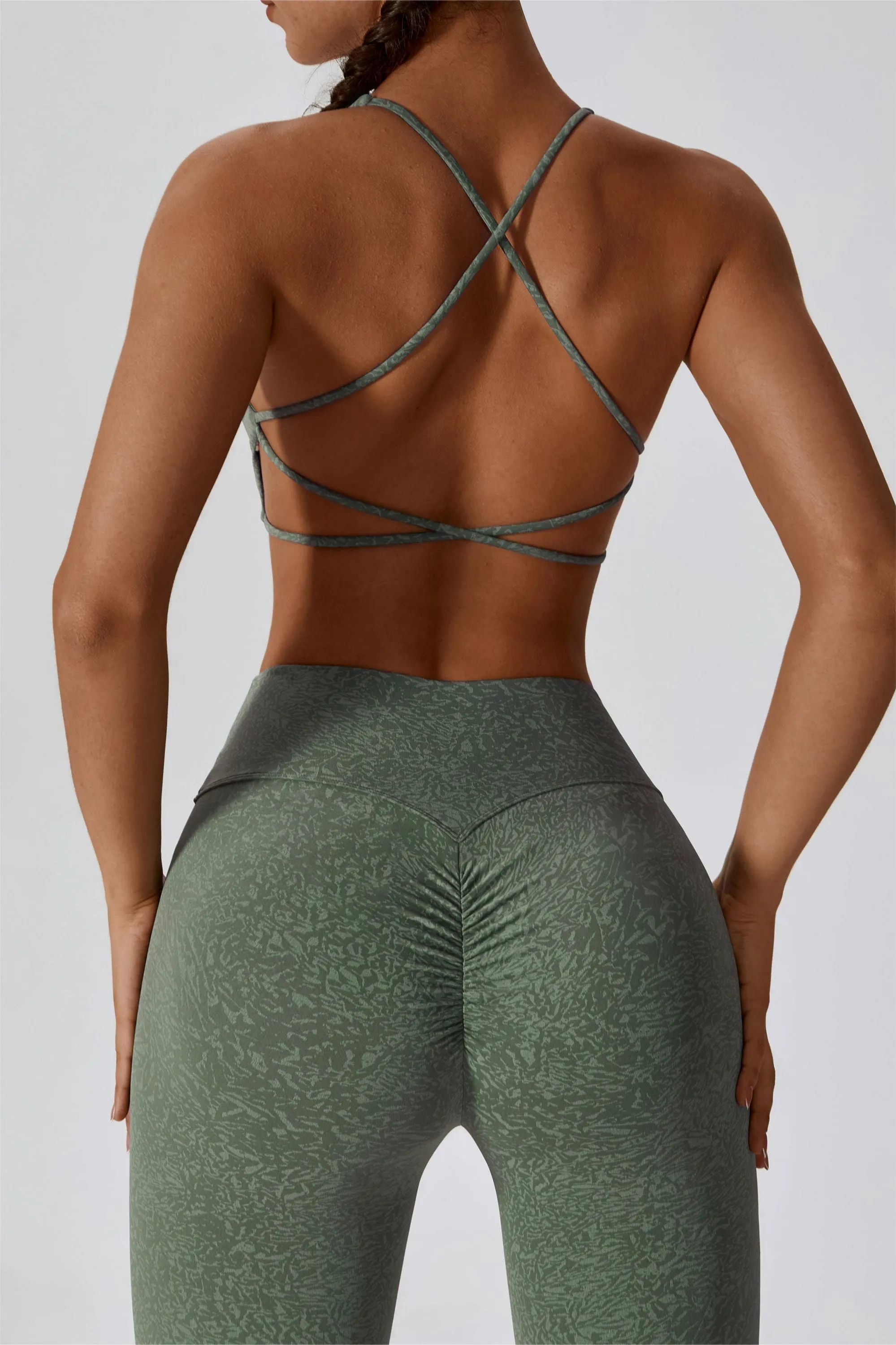 Patterned Twist Deep-V Strappy Sports Bra