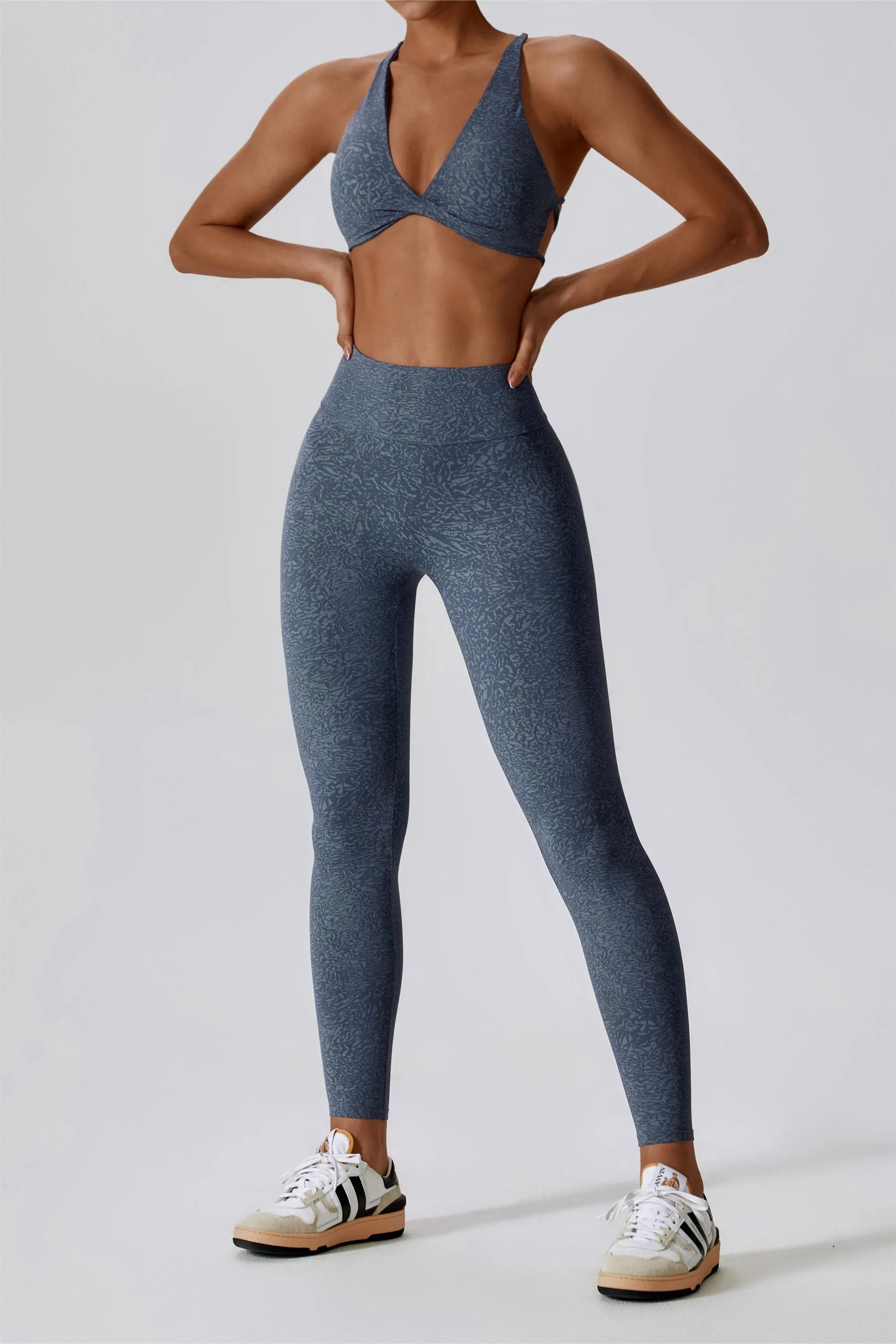 Patterned Twist Deep-V Strappy Sports Bra