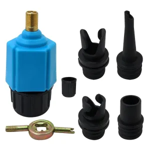 Premium Inflatable SUP Pump Adaptor Air Compressor Valve Converter, Multifunction SUP Valve Bike Pump Adapter w/ 4 Air Valve Nozzles for Inflatable Boat, Stand Up Paddle Board, Inflatable Bed - Blue