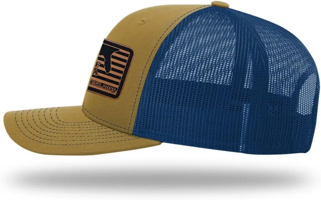 Richardson American Gulf Hat, Trucker Style Mesh Back Cap with Custom Laser Engraved Leather Patch