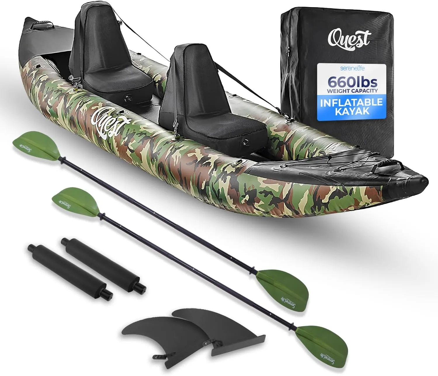 SereneLife Inflatable 2-Person Kayak  Durable PVC Kayak for Fishing with Aluminum Paddles, High-Output Pump, Repair Kit & Bag, Lightweight, Portable Design for Lakes & Rivers, (Camouflage)