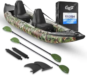 SereneLife Inflatable 2-Person Kayak  Durable PVC Kayak for Fishing with Aluminum Paddles, High-Output Pump, Repair Kit & Bag, Lightweight, Portable Design for Lakes & Rivers, (Camouflage)