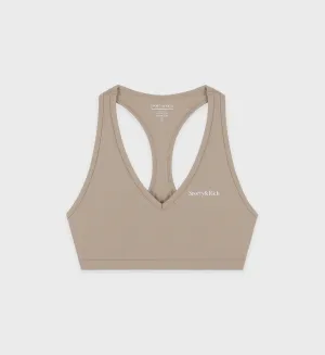 Serif Logo V Neck Sports Bra - Elephant/White
