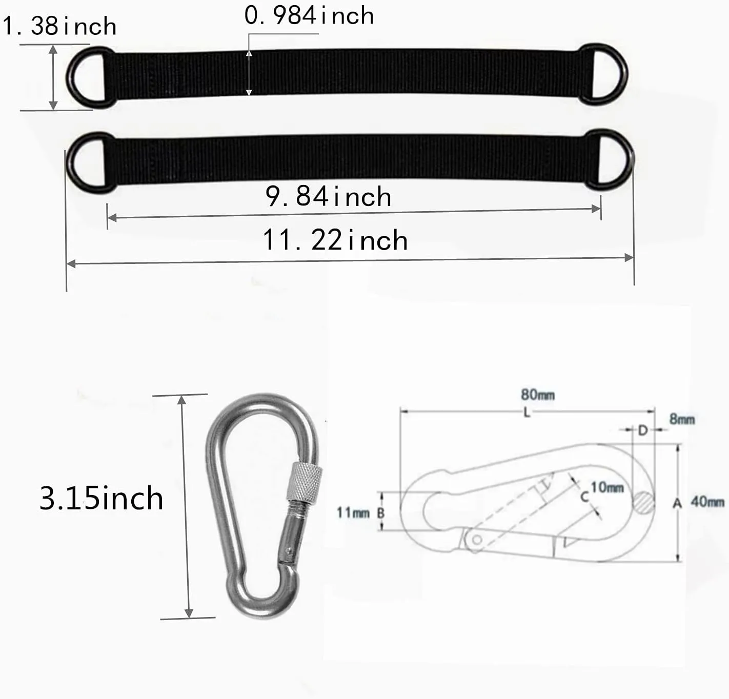 Short Straps Tree Swing Strap Hanging Kit,Hammock Straps 2 Pcs 9.84inches with Heavy Duty Safety Lock Carabiner Hooks for Swing Hammocks Yoga Seat Sandbags Gym Equipment Pulley System
