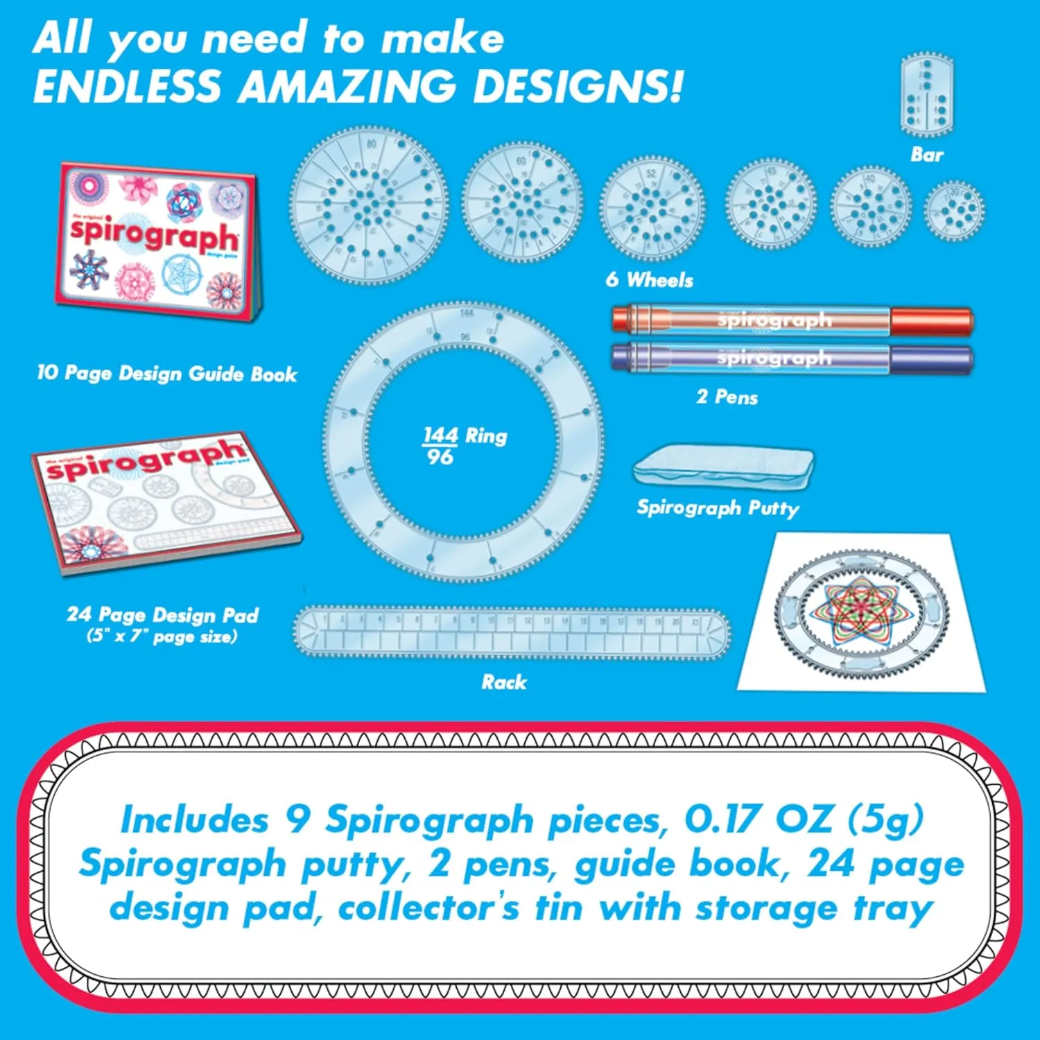 Spirograph Design Set Collectors Tin  Arts and Crafts, Kids Toys, Art Supplies, Craft Supplies, Drawing Kit, Spiral Art, Classic Gear Design Kit, Pens, Design Sheet Included, Ages 8 and Up