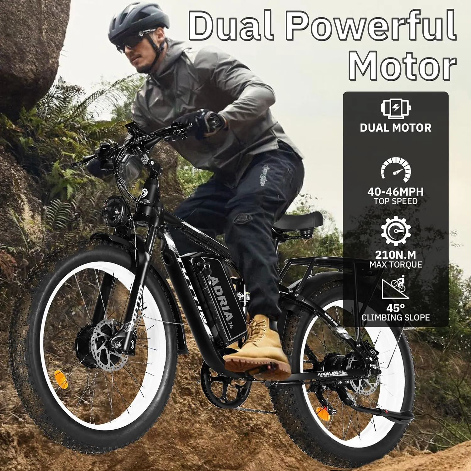 TUTTIO Electric-Bike for Adults-Men, Dual-Motor-Ebike 40-46MPH-Hunting-Ebike, 52V 30AH Long Range Dirtbike, 26" Fat-Tire-Electric-Bicycle, Full Suspension Mountain Bike for Off-Road Snow Sand